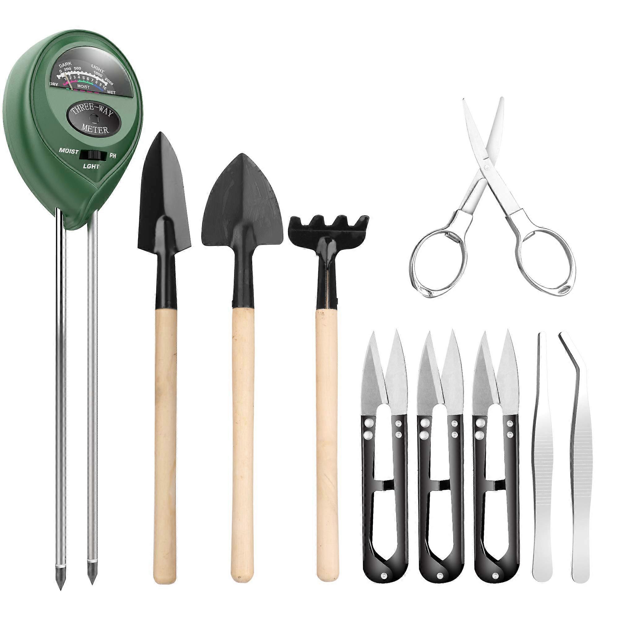 Soil Meter with 9pcs Bonsai Tools, 3-in-1 Moisture Sensor/Sunlight/pH, Include Pruner, Fold Scissors, Mini Rake, Bud & Leaf Trimmer Set by
