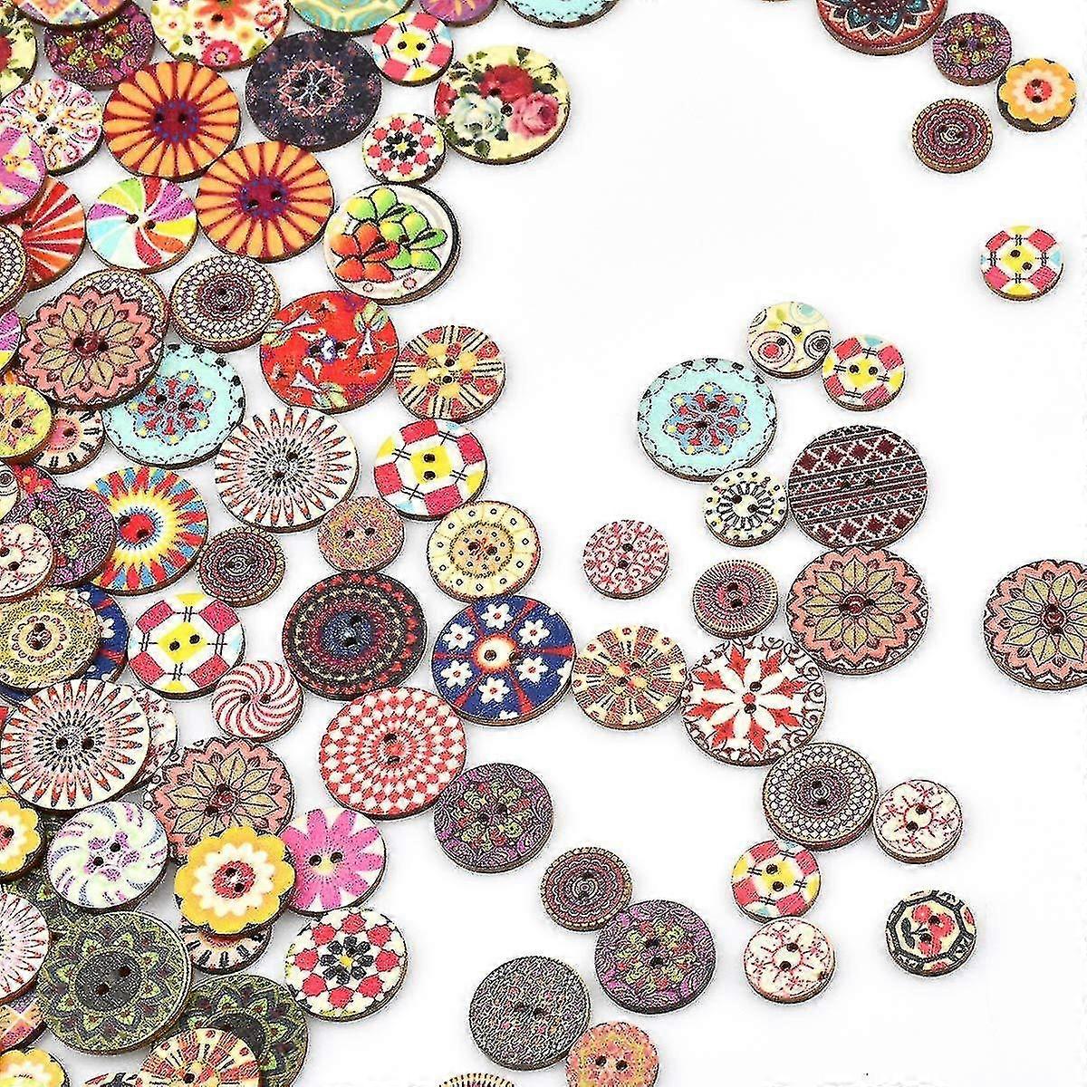 100pcs Wooden Buttons Mixed Round Assorted Colorful Retro Crafting Buttons