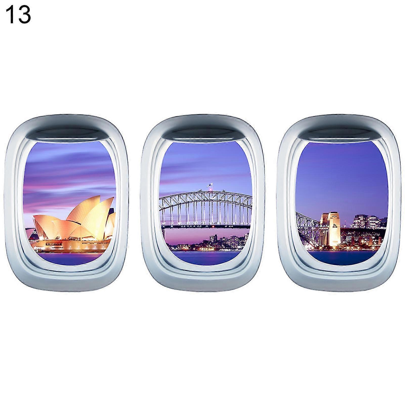 3pcs/set Airplane Window Decal Three-dimensional Self Adhesive Window View Landscape Wall Decor Airplane Wall Stickers For Home