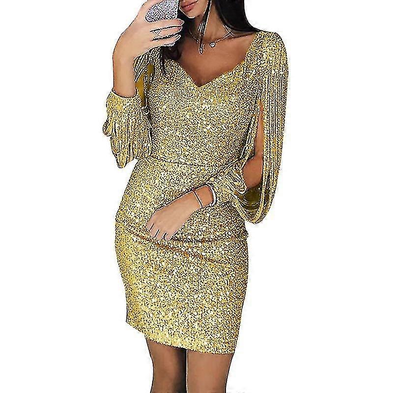 المرأة الترتر اللباس بريق بريق مثير عميق الخامس الرقبة فستان قصير فوق الركبة طول طويل شرابة كم اللباس