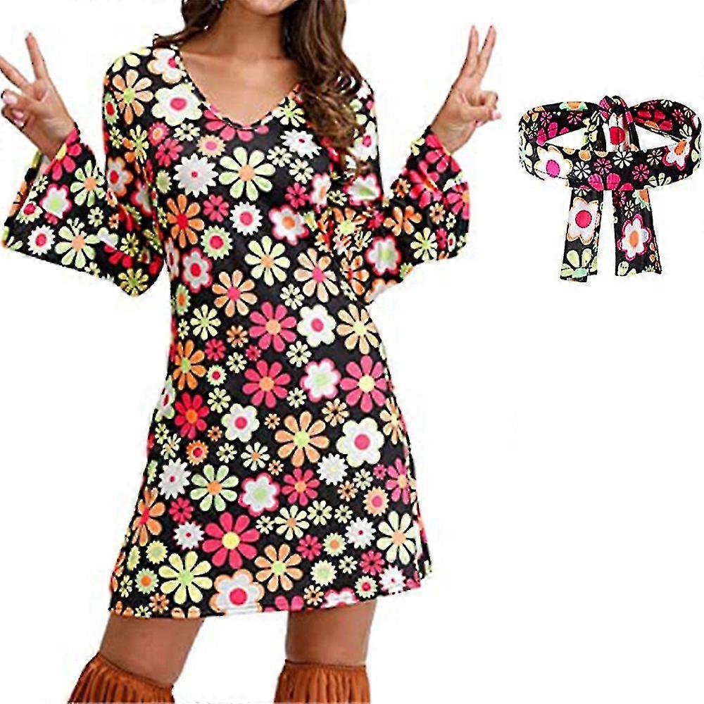 60 年代 / 70 年代 / 80年代の女性ヒッピーコスチュームセットレトロコスプレパーティーピースサインドレスヘッドバンド