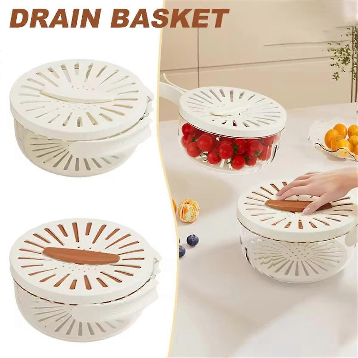 Fruit Drain Basket with Lid Vegetable Washing Bowl Foldable Handle Cleaning Colander Refrigerator C