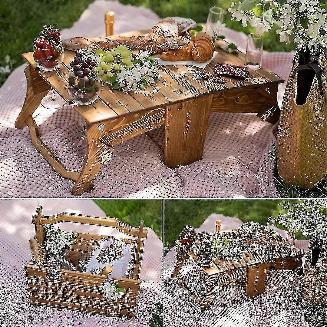 Wooden Outdoor Folding Picnic Basket Table, Portable Wine Picnic Table, 2-in-1 Picnic Table Convertible Storage Wooden Basket, For Picnic Outdoor On T