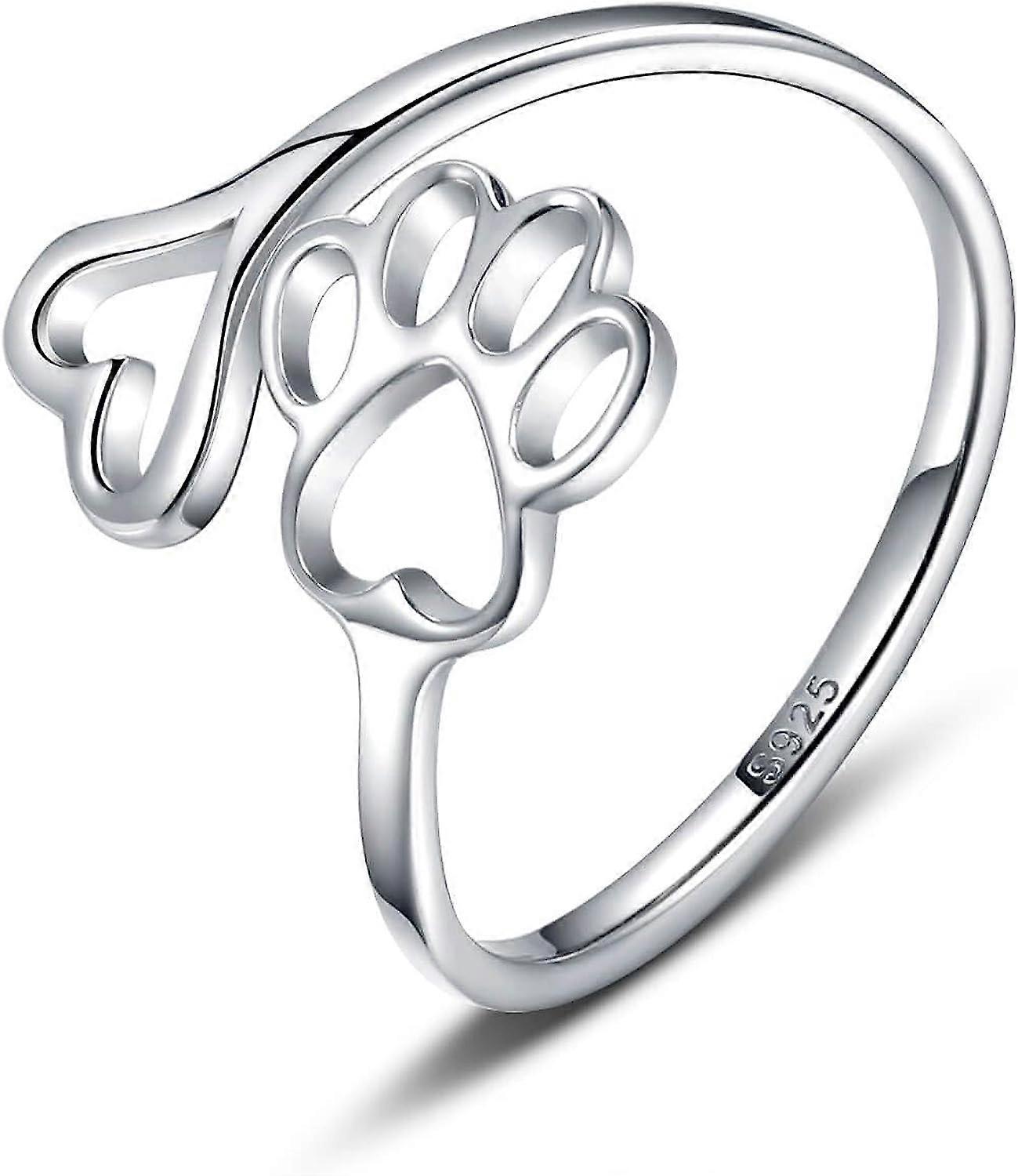 Puppy Pet Lovers Paw Print Ring Heart 925 Sterling Silver Adjustable Ring Pet Animal Jewelry Creative Pierced Love Dog Cat Claw Ring Pet Loving Friend