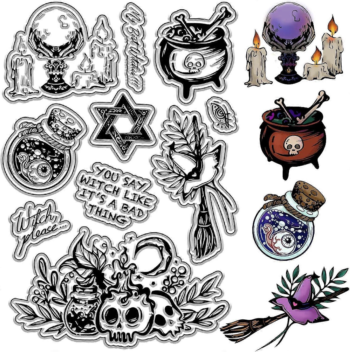 Skull Clear Stamps Magical Witch Magic Bottles Candles Word Reusable Retro Transparent Silicone Stamp Seals for Halloween Decor Journaling Card Making