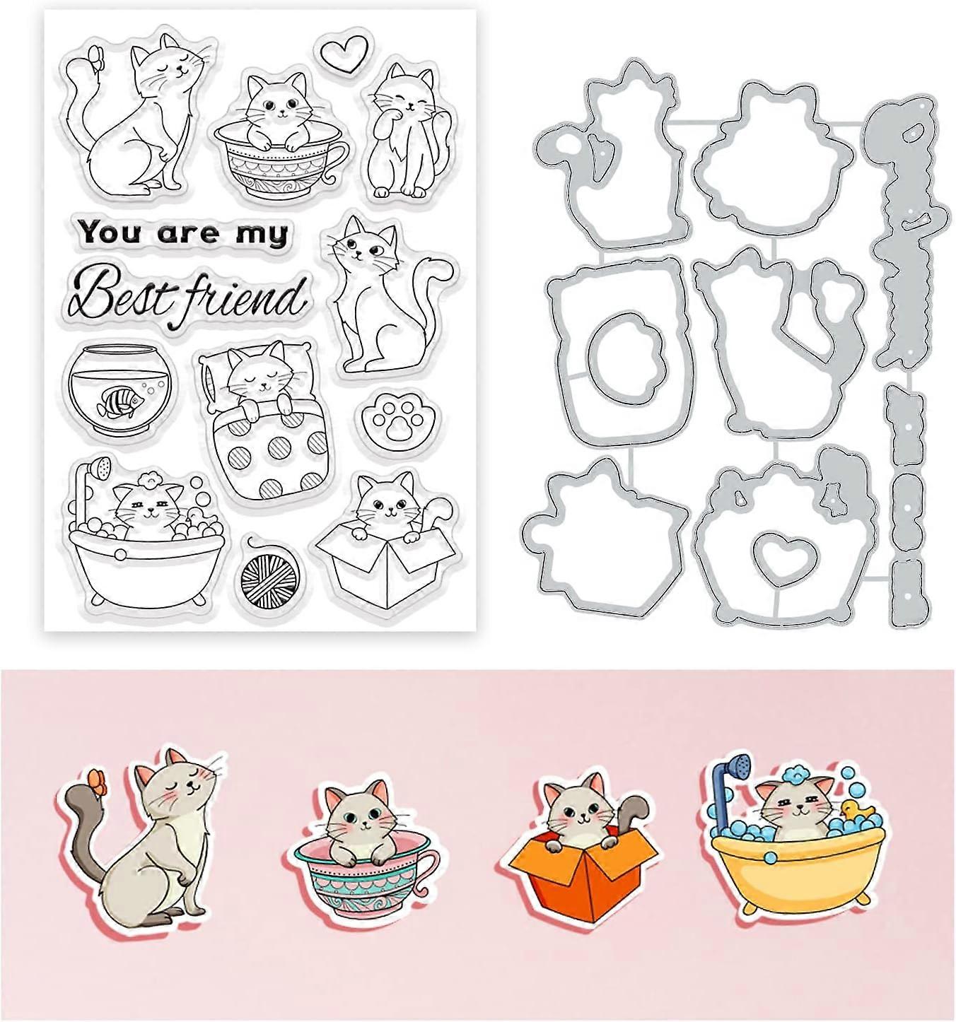 2pcs Cat Pattern Stamps and Metal Dies for Card Making Cat Bathing Playing and Sleeping Clear Stamp and Cutting Die Sets for Holiday Card Making Decor