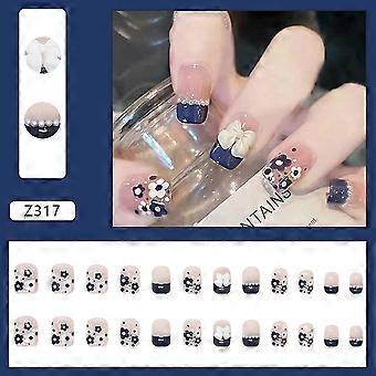 24pcs Sanfter Rosa Falscher Nagel Zarter Weißer Bowknot Fake Nagel