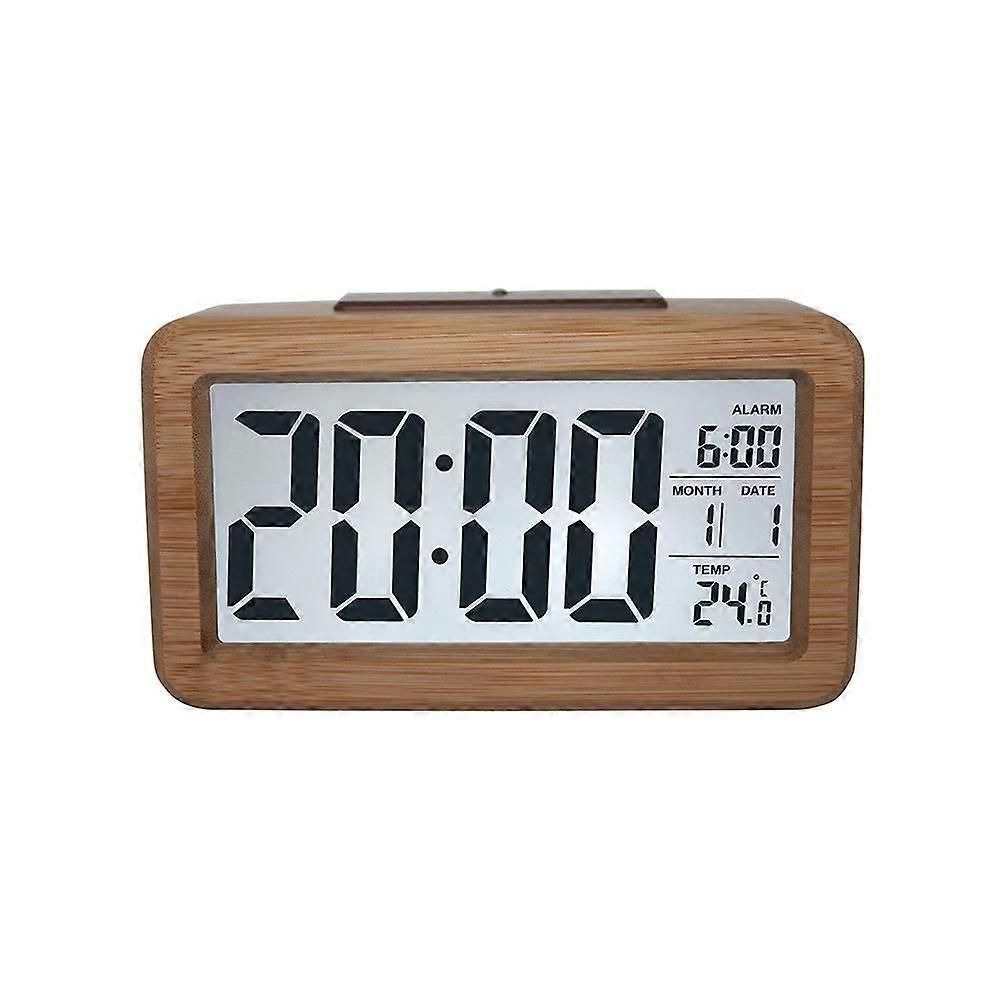 Wooden Lcd Alarm Clock With Intelligent Sensor Night Light, Temperature Detection, Nap Function, Bedroom And Dining Table Clock - Brown
