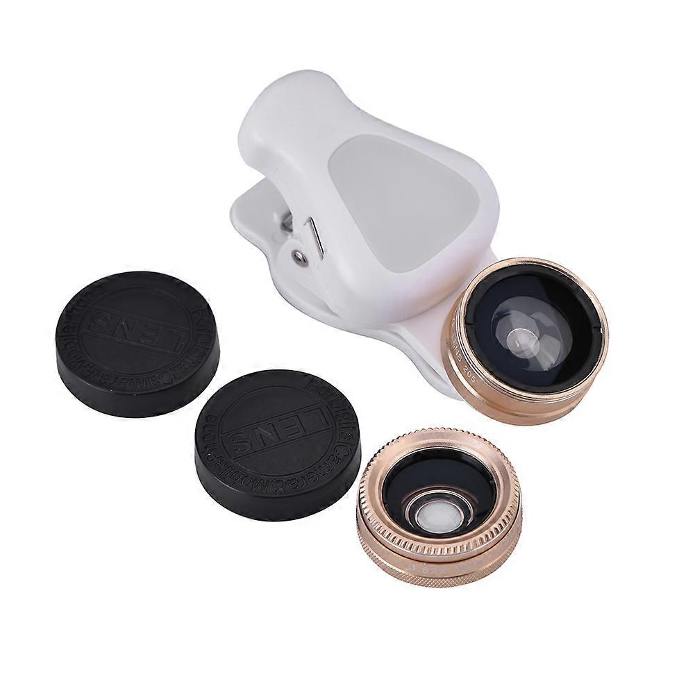 3 in 1 Universal 8 LED Fill Light 15X Macro+0.62X Wide Angle+Fisheye Lens Phone Clip Gold