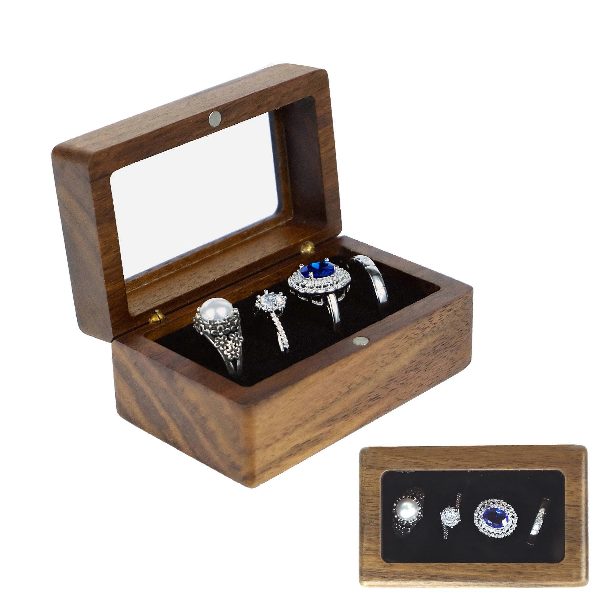 Wooden Ring Box with Glass Display for Jewelry Presentation, Elegant Design, Small Size, Natural Finish, Gift Box