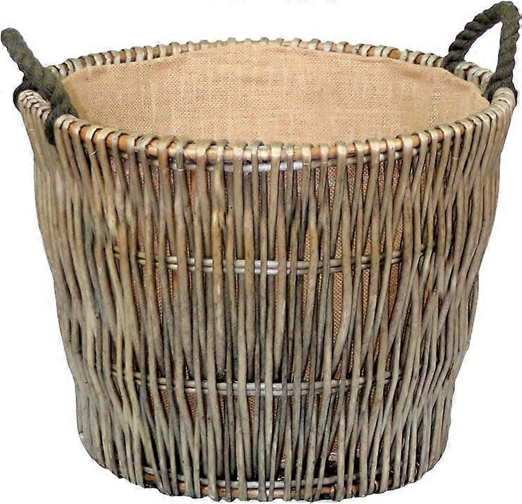 Round Grey Hessian Lined Wicker Log Basket