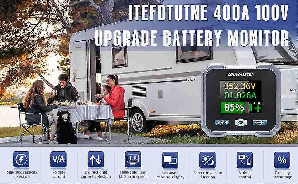 Battery Monitor with Shunt 400A LCD Screen Accurate Compact Waterproofing Easy to Read 10 to 100V Un