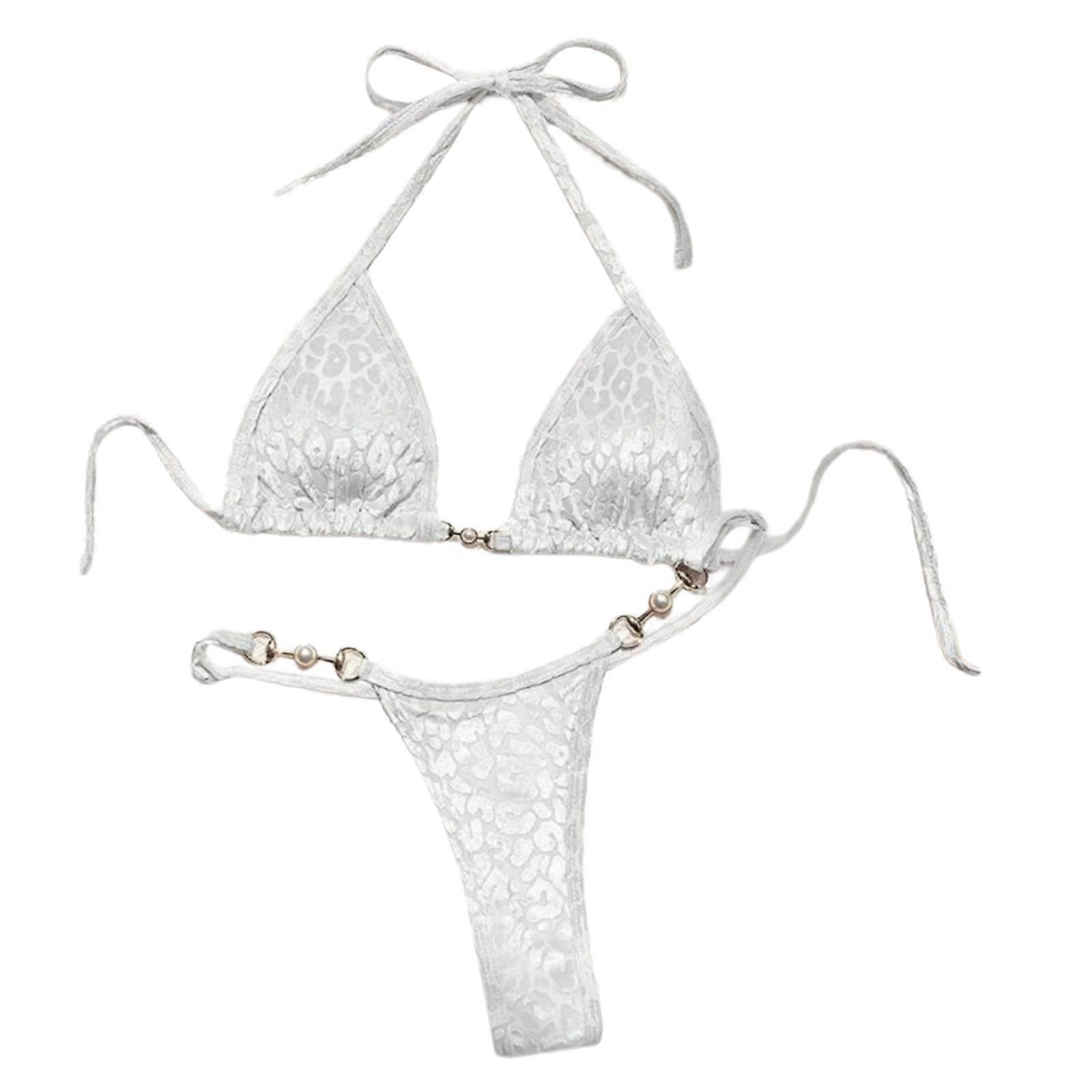 Leopard Print Bademode Set für Frauen Tanga Split Strandkleidung Badeanzug Zweiteiliger Neckholder Badeanzug Weiß S