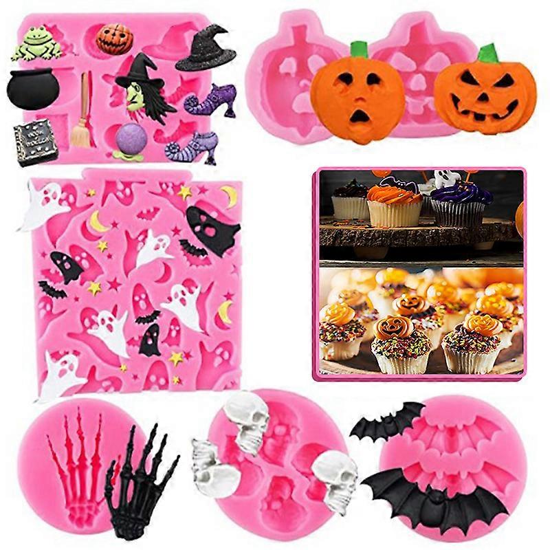 Set of 6 Halloween Silicone Stencils Skull Witch Bat Casting Die Soft Epoxy Resin Template Cake Baking Pan for DIY Craft New
