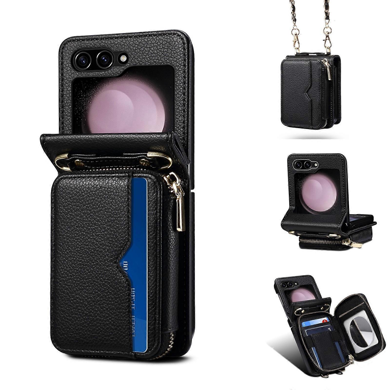 Coque de téléphone pliante en cuir avec longe