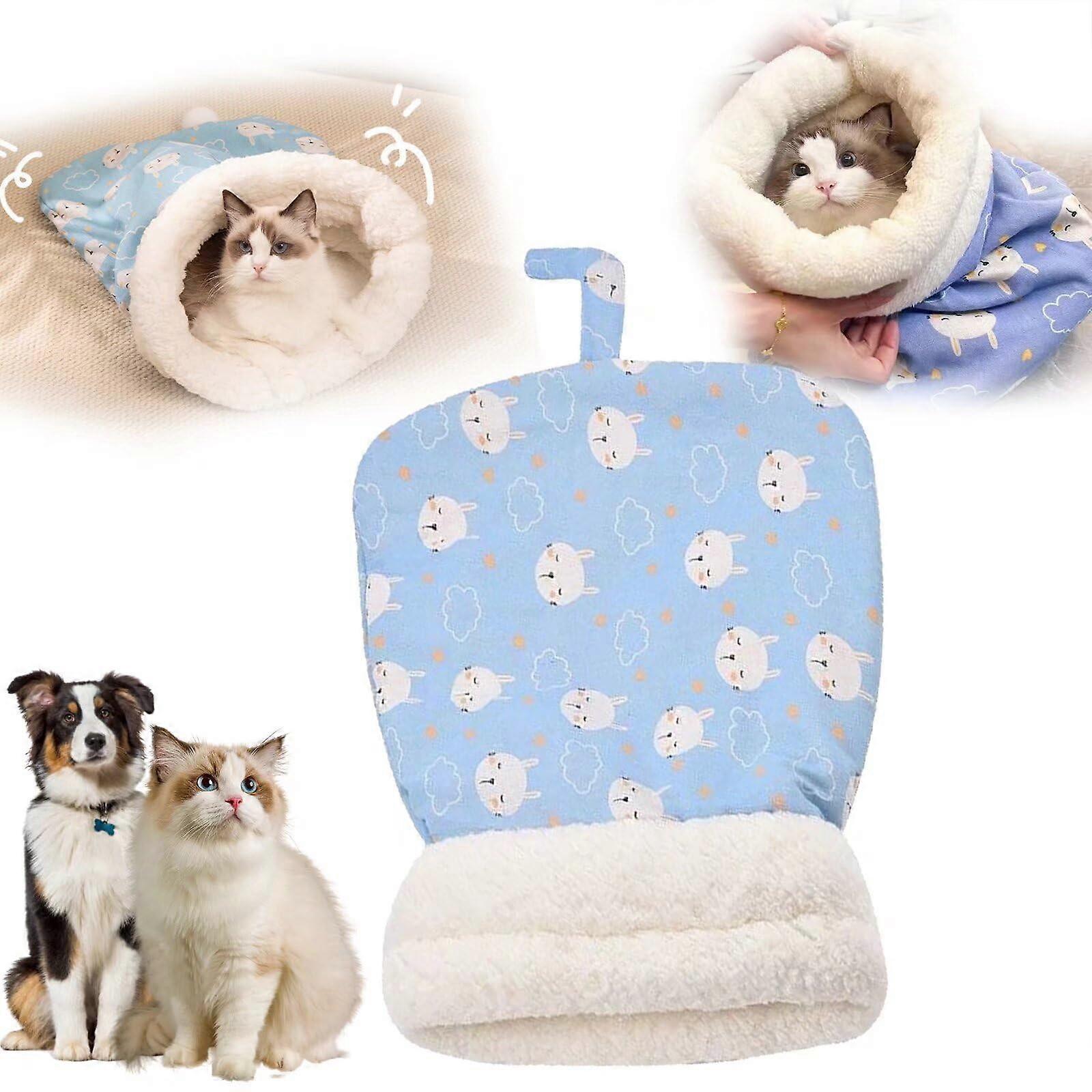 Cat Sleeping Bag Soft Plush Large Cat Snuggle Sack for Winter Indoor Use 360° Wrap Design Cosy Blue Cat Bed with Cave
