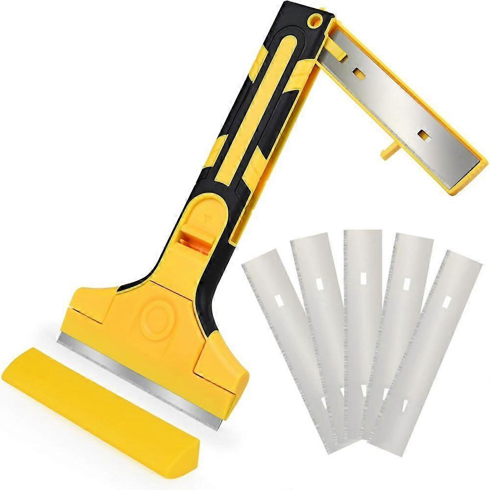 Window Scraper with 5 Blades, Paint Scraper with Storage Blades, 100mm Carbon Steel Blades, for Tiles, Wallpaper, Glue, Mirror, Hob