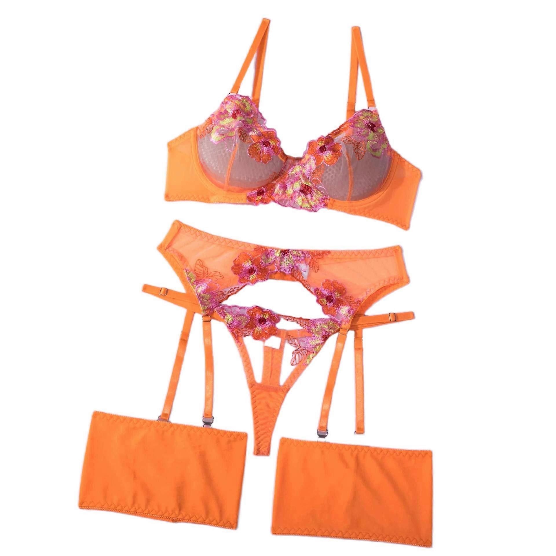 Sexig Underkläder Set Dam Plus Blommig Broderad Sheer Mesh BH & Trosa Underkläder 4 Piece Set