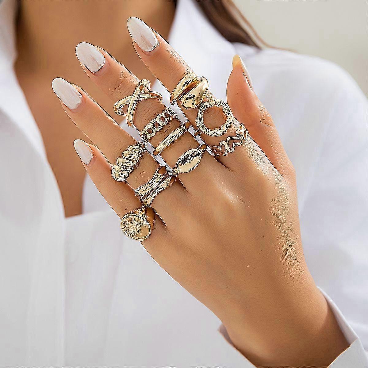 10 יחידות נשים מתכוונן בציר בוהמי גיאומטרי לא סדיר טבעת אסתטית מתכת טבעת רחבה למשתה מתנה