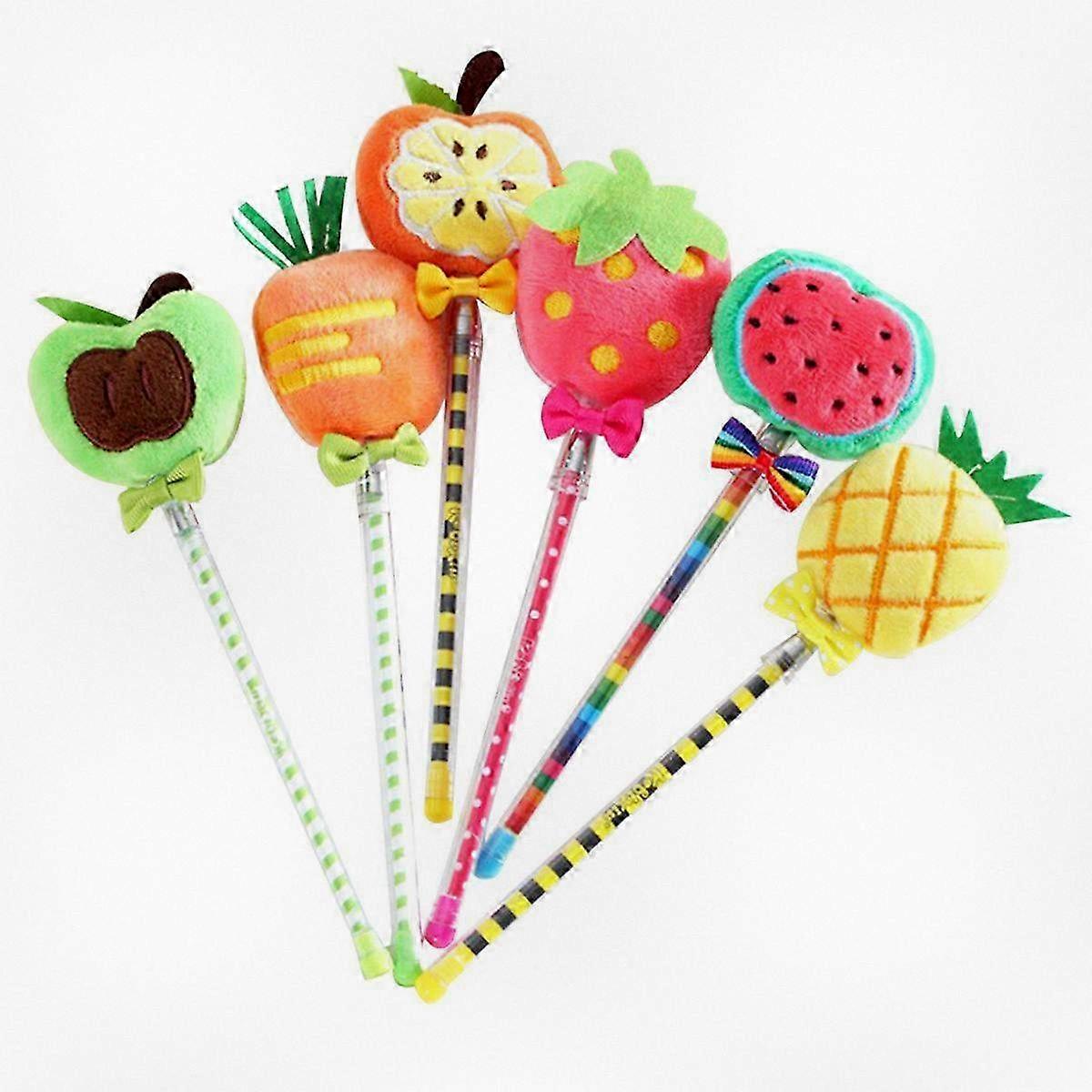 6PCS Cartoon Plush Ballpoint Pen Suitable for Students with Fruit Gel Ink in Random Patterns