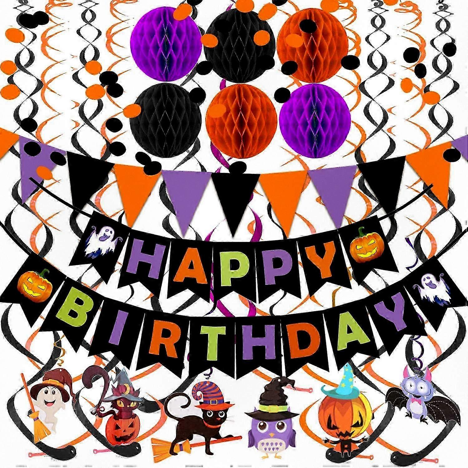 Happy Birthday Banner with Paper Triangle Flags, Circle Confetti Dots, Hanging Garland, Honeycomb Balls, and Swirl Streamers for a Halloween