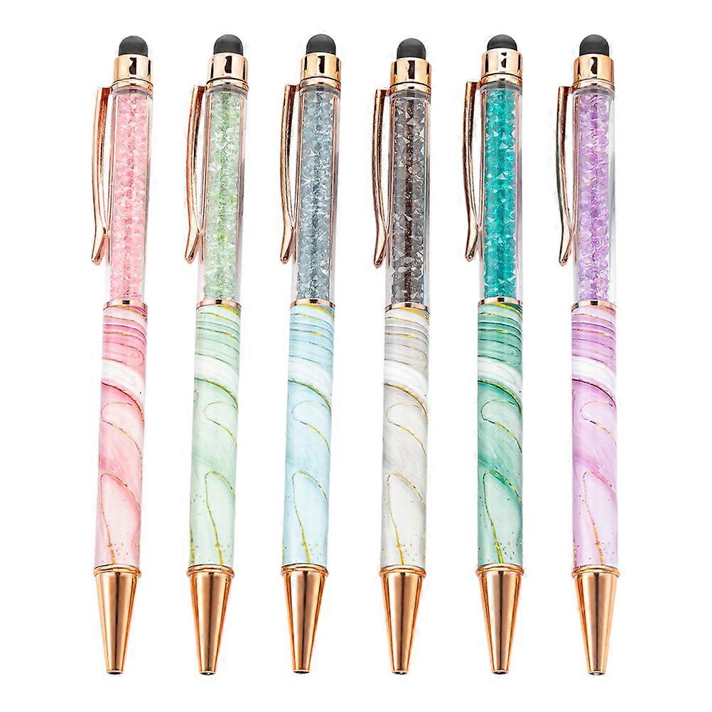 6pcs Marble Ballpoint Pens with Touchscreen Stylus, Smooth Ink Flow, Rotating Crystal Design for Office, Journaling & Digital Use