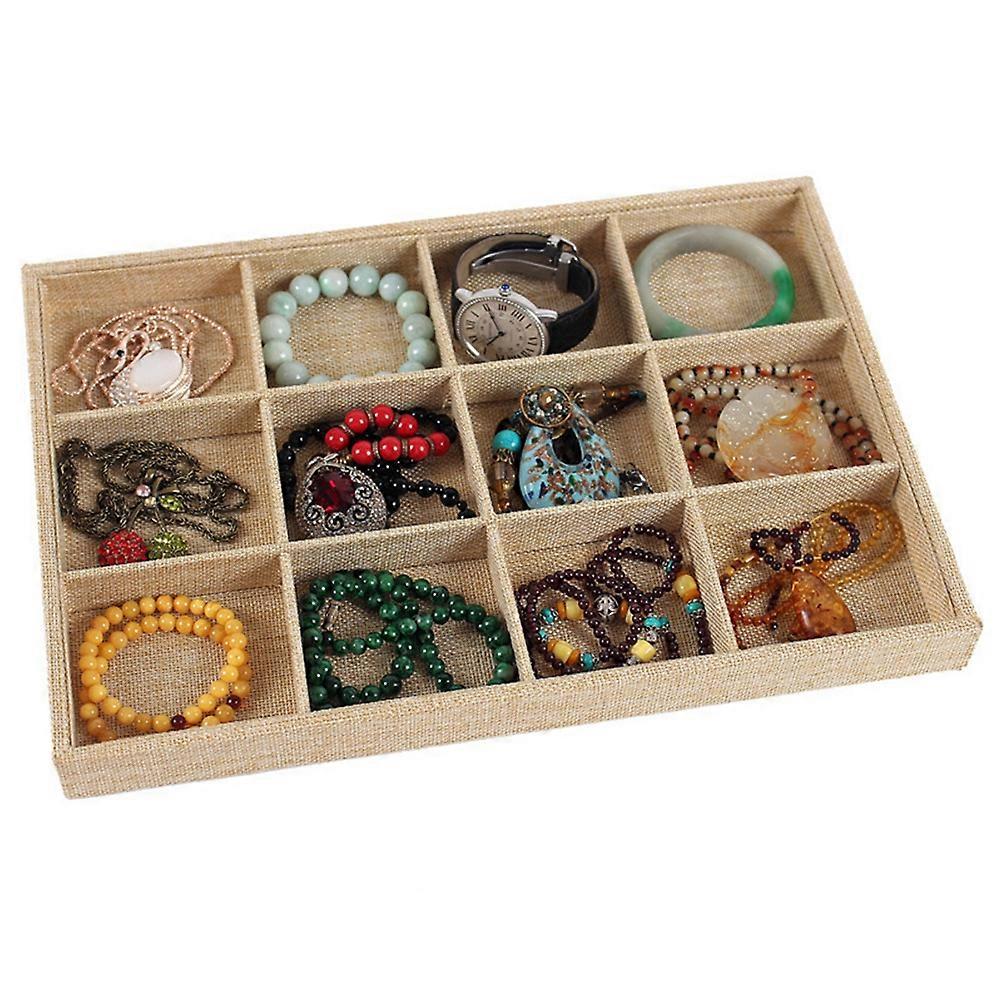Jewerly Organizer Tray Stackable 12 Grids Sackcloth Rectangular Storage Display Elegant for Home Use 1Pack