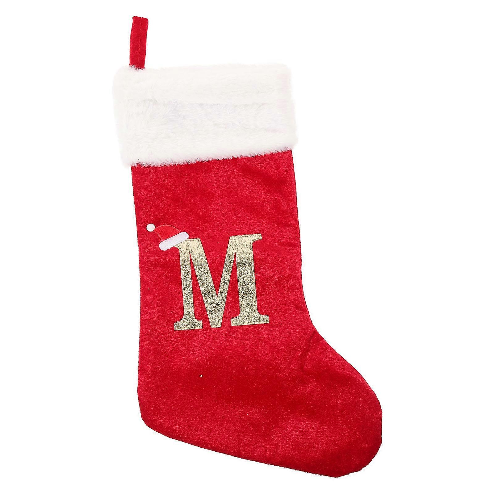 Embroidered Stocking With Letters Red Plush Christmas Stocking For Christmas Party Home Decoration 43x20.5cm 1Pcs