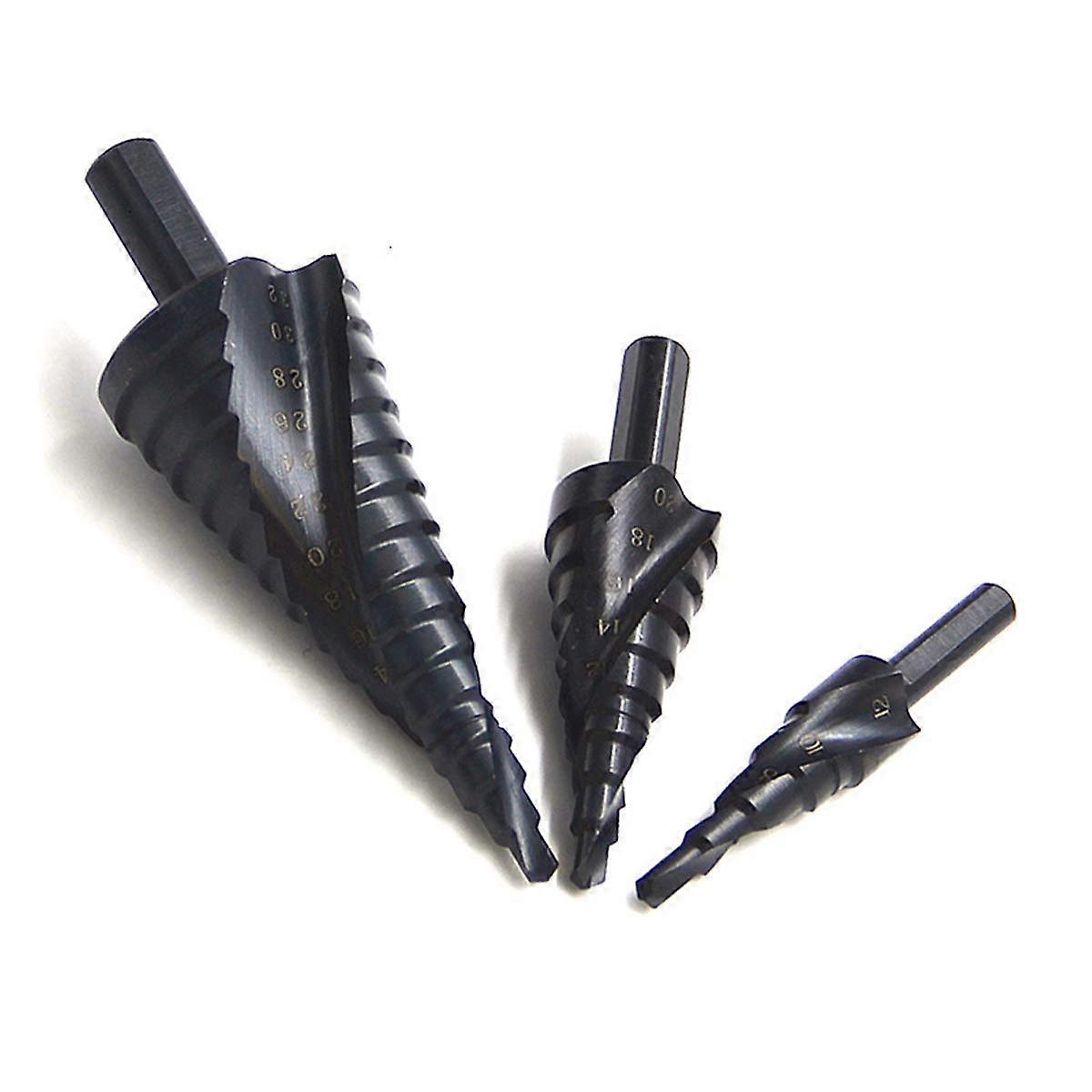 3 Pieces Alloy Drill Bit Set Taper Hole Cutter Taper Metric 4 to 12/20 / 32 mm 04.01 Inch Titanium Coated Metal Hex Drill Bits 3Pc412 420 432 Round