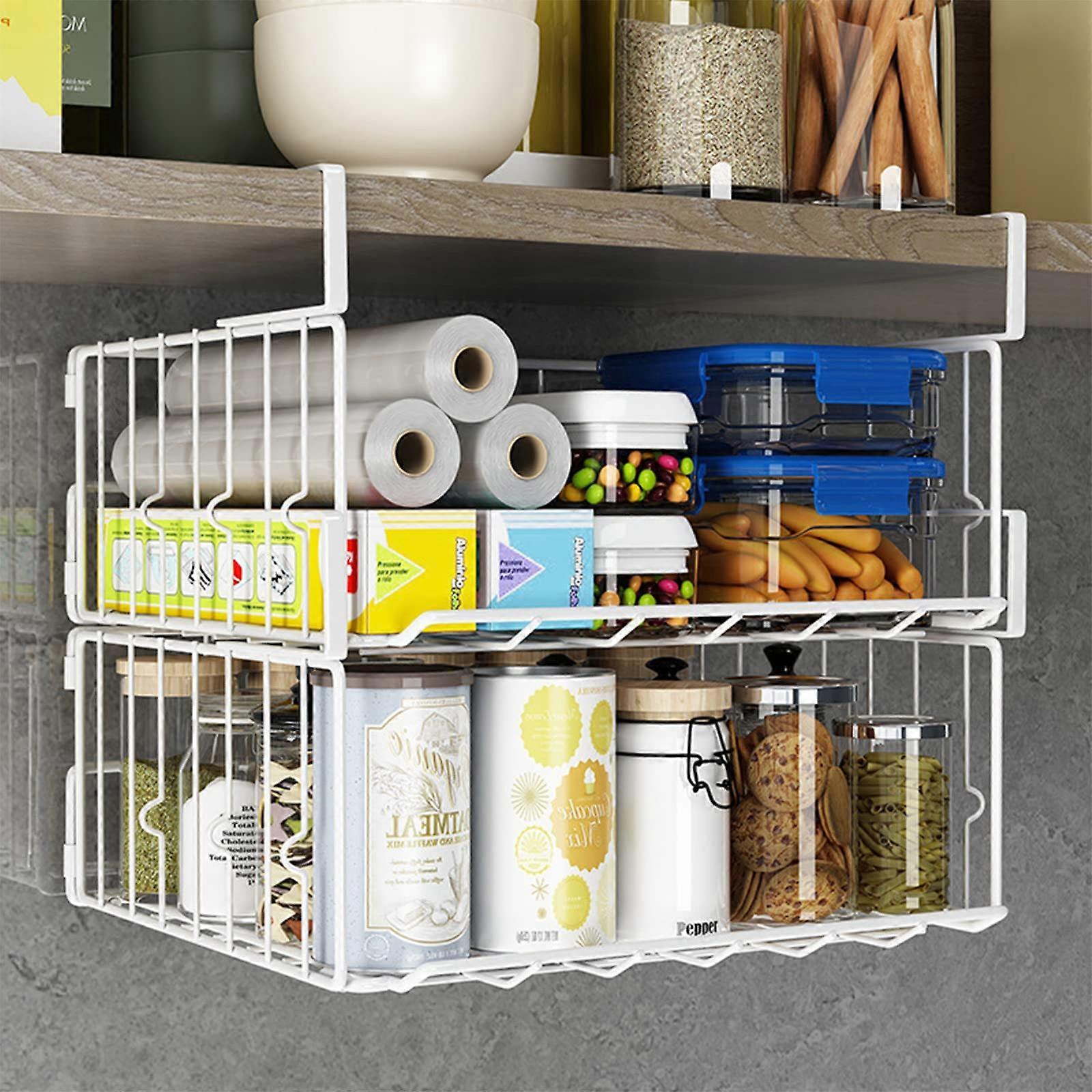 Under Cabinet Basket Organiser 2 Pack Foldable Wire Mesh Storage Rack Space Saving No Assembly Required White Durable