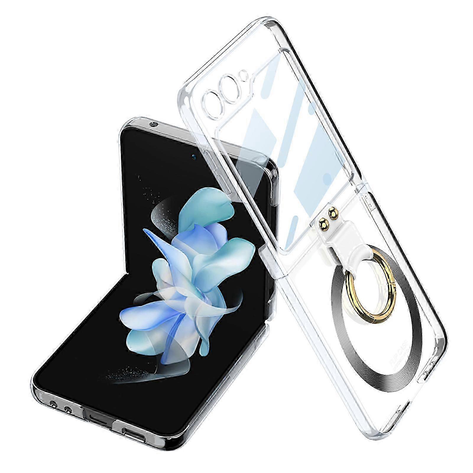 Clear Case for Z Flip 5 with Ring Holder Easy Hold, Ultra-Thin Folding Free Non-Yellowing Clear Back Cover Protector Cover Stand Case