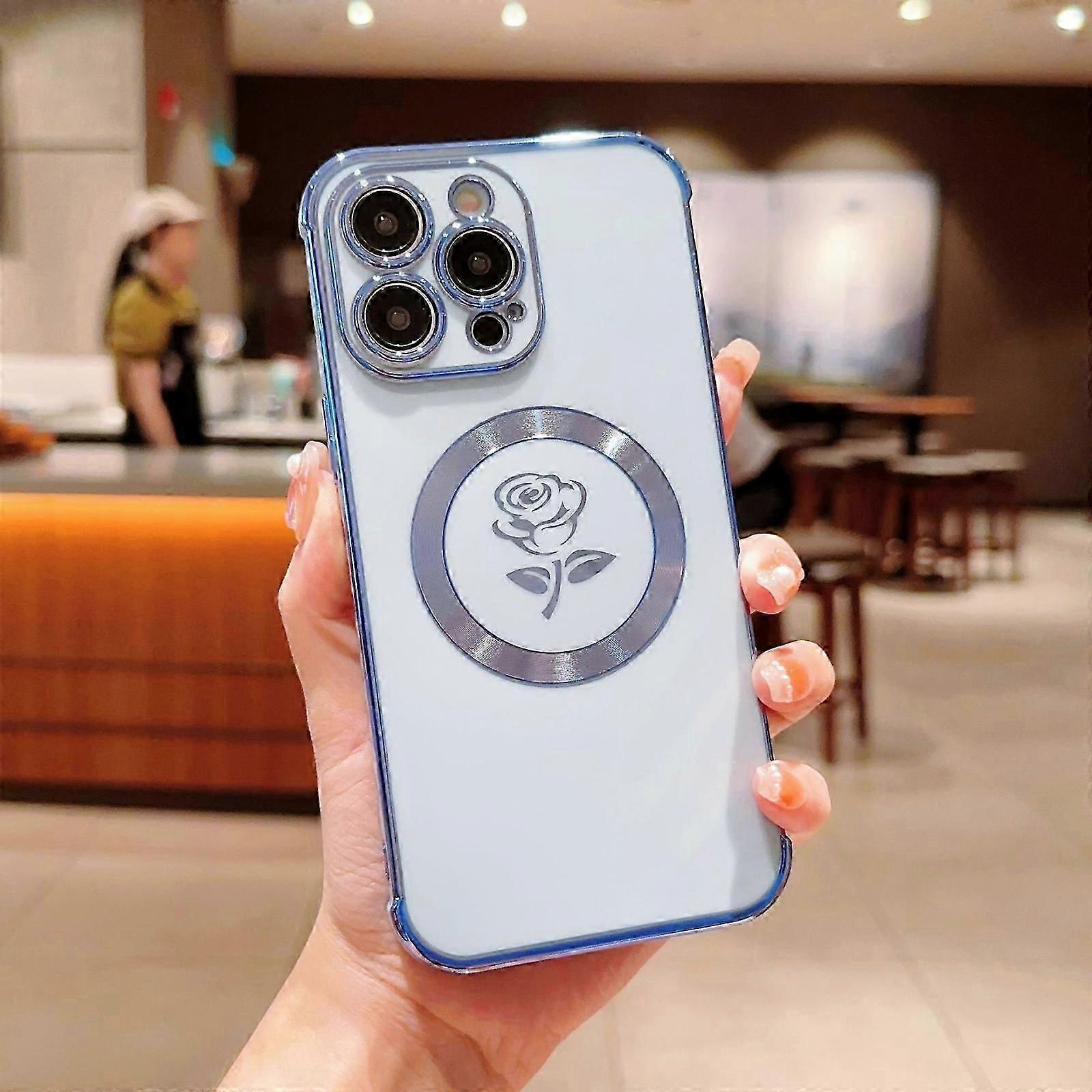 do iPhone 15 Pro Max / 15 Ultra Magnetic Case kompatybilny z MagSafe, luksusowe poszycie Bling Rose Pattern Shockproof Shock Case z ochroną obiektywu aparatu