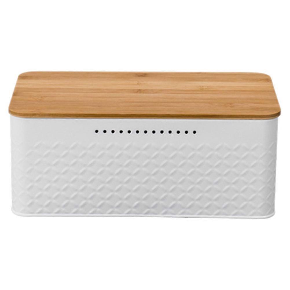 White Iron Bread Box with Bamboo Lid for Kitchen Countertop Storage Large Size 12.5x8.5x16 Inches