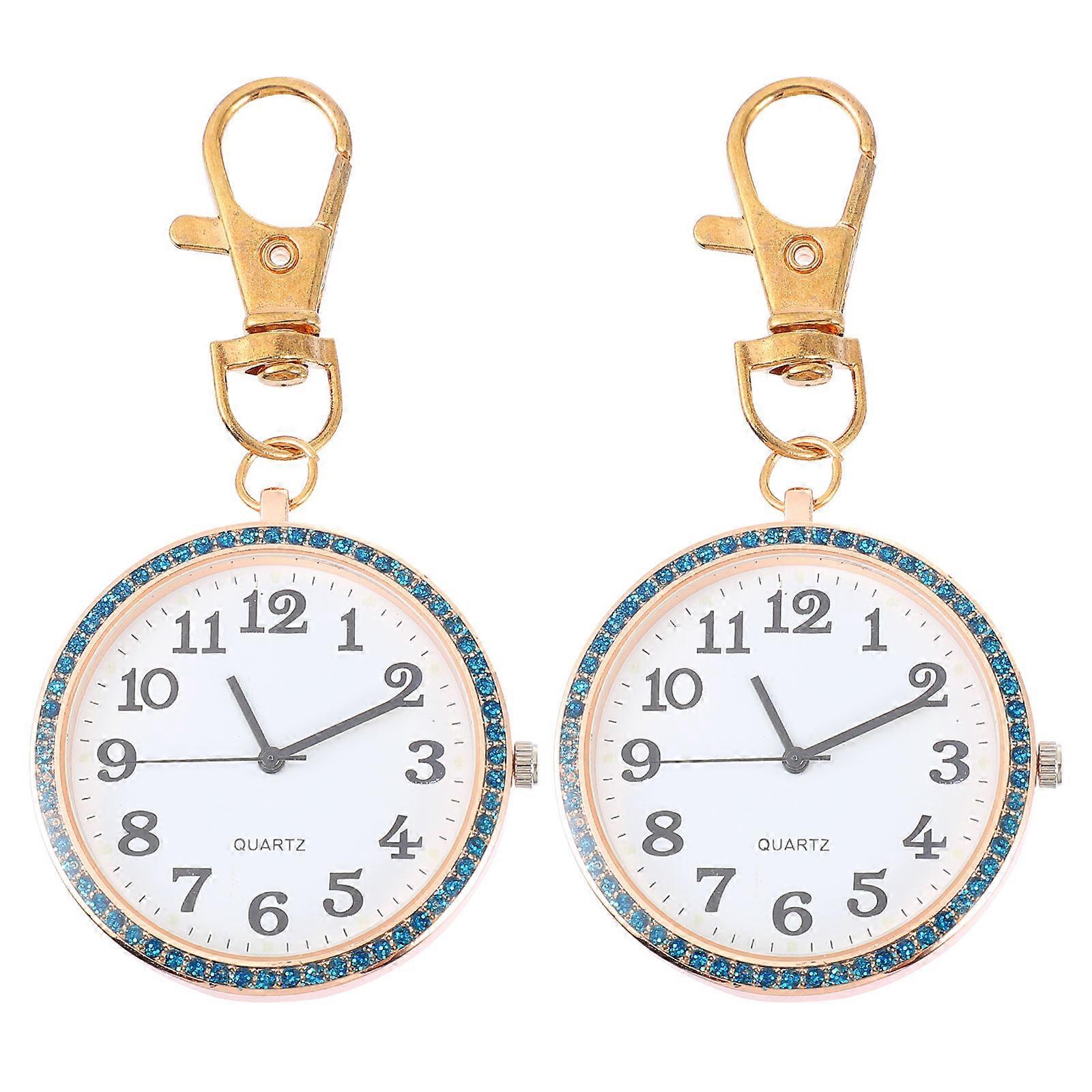 2Pcs Golden Zinc Alloy Pocket Watch Key Chain For Indoor Use Featuring Portable Design With Time Telling Function