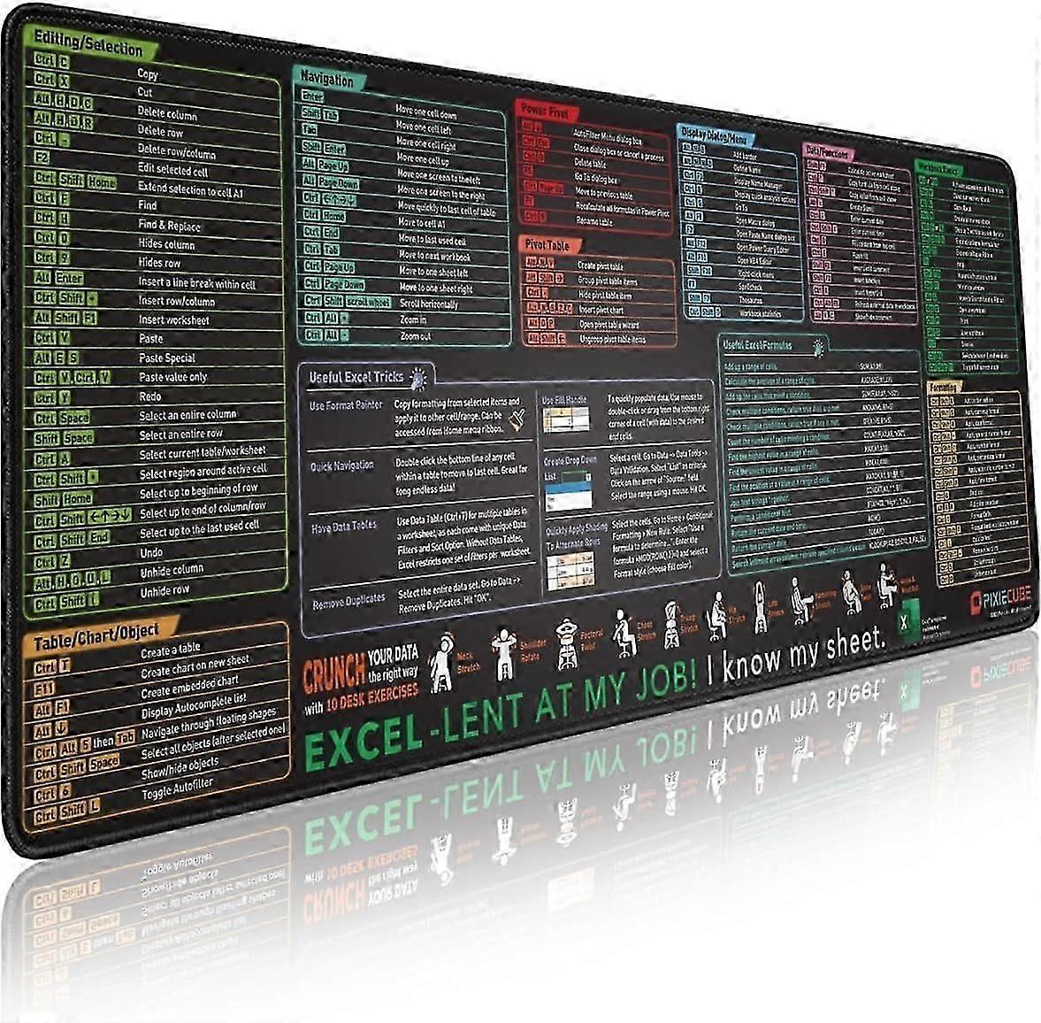 Excel Shortcut Keys Mouse Pad - Extended Large XL Cheat Sheet Gaming Mousepad | PC Office Spreadsheet Keyboard Mat | Non-Slip Stitched Edge