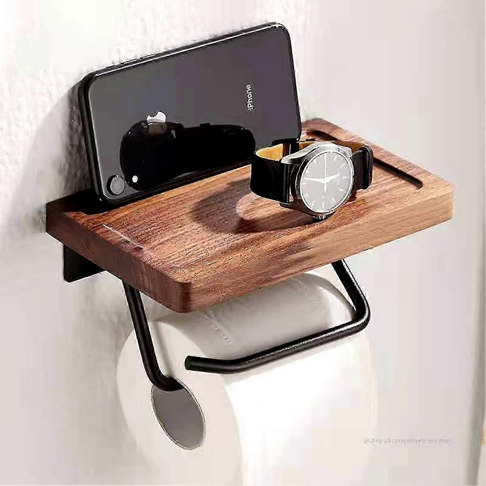 Portarotolo di carta igienica in noce nero di lusso con mensola - Elegante montaggio a parete per bagno