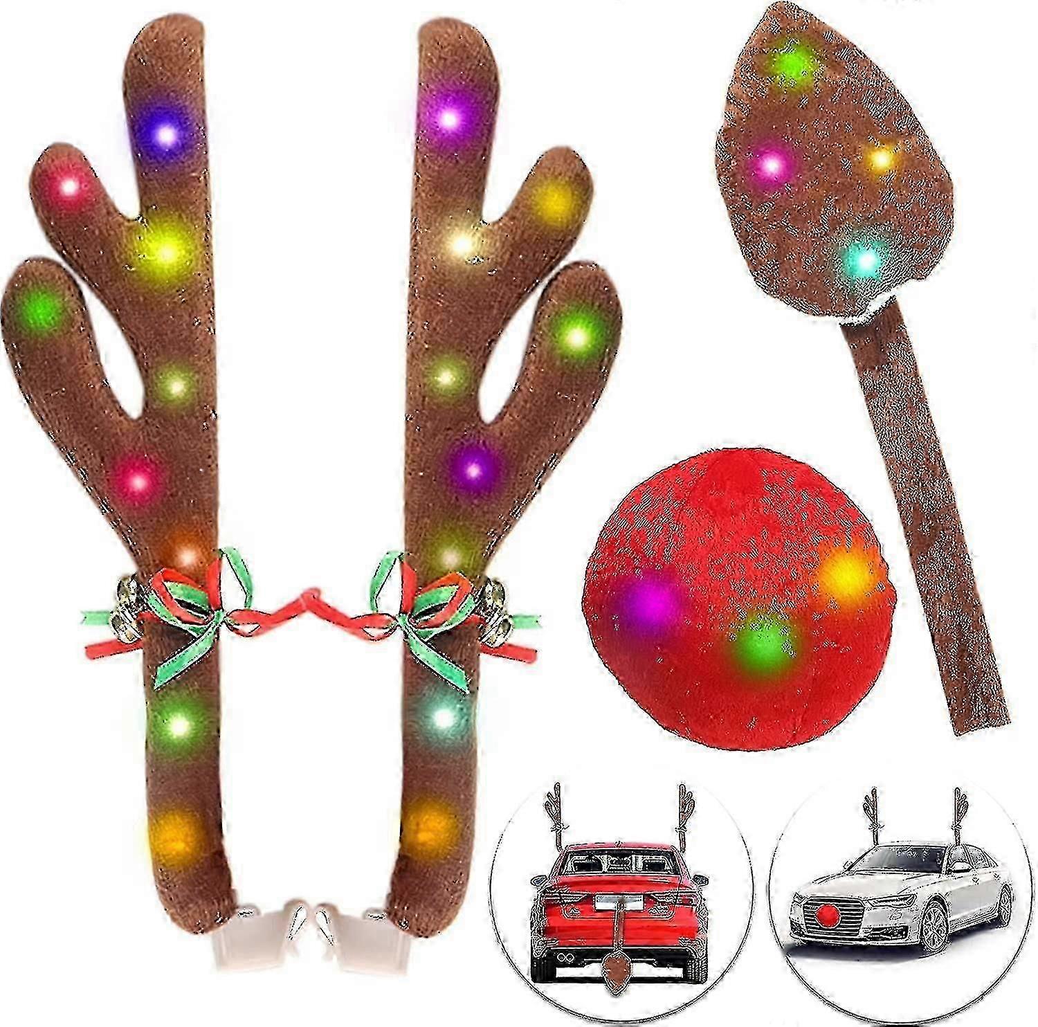 Reindeer Christmas Antlers for Cars - Car Kit with LED Lights, Nose, Tail, Top & Grille, Rudolph Reindeer
