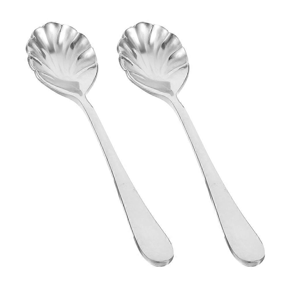 Shell Shaped Silver Stainless Steel Spoons for Eating Dessert 2Pcs Set