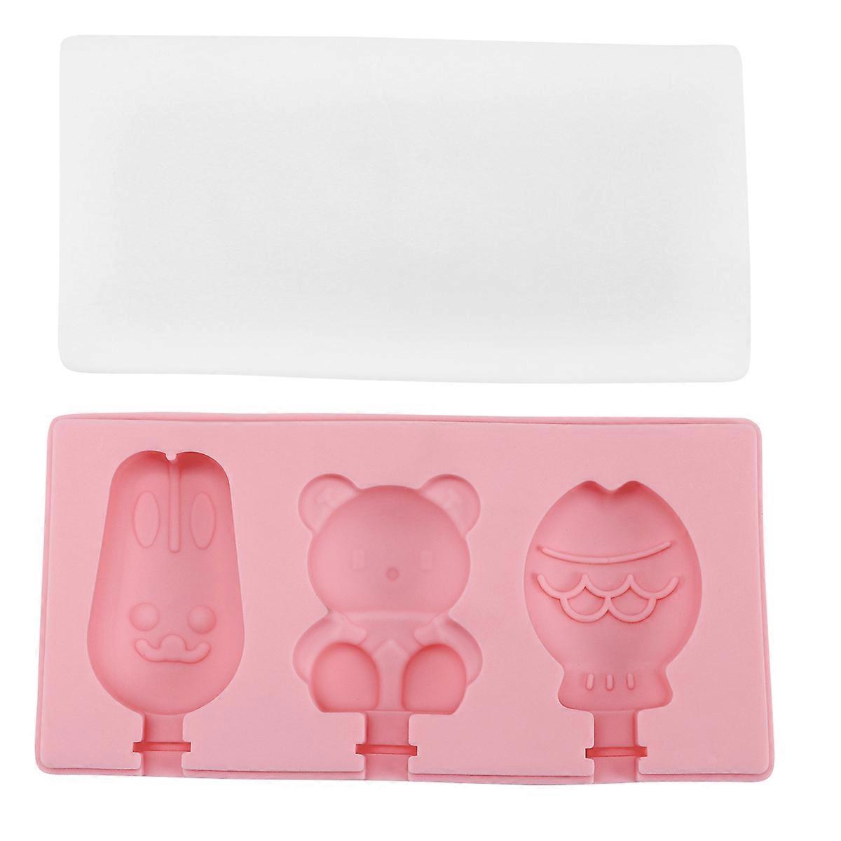 Pink Silicone Popsicle Maker with Cartoon Bear Design for DIY Use 3 Cavities