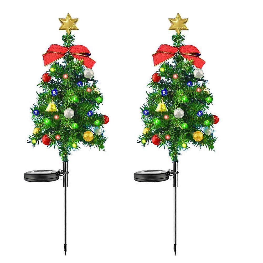Set Of 2 Outdoor Solar Christmas Trees With Bow And Bell, Waterproof Pathway Lights, Xmas Stake Lights For Lawn