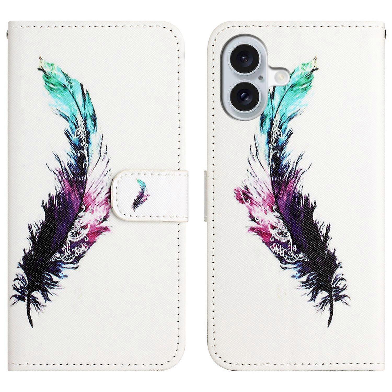 For iPhone 17 Case Pattern Print PU Leather Wallet Phone Cover Cross Texture - Feather