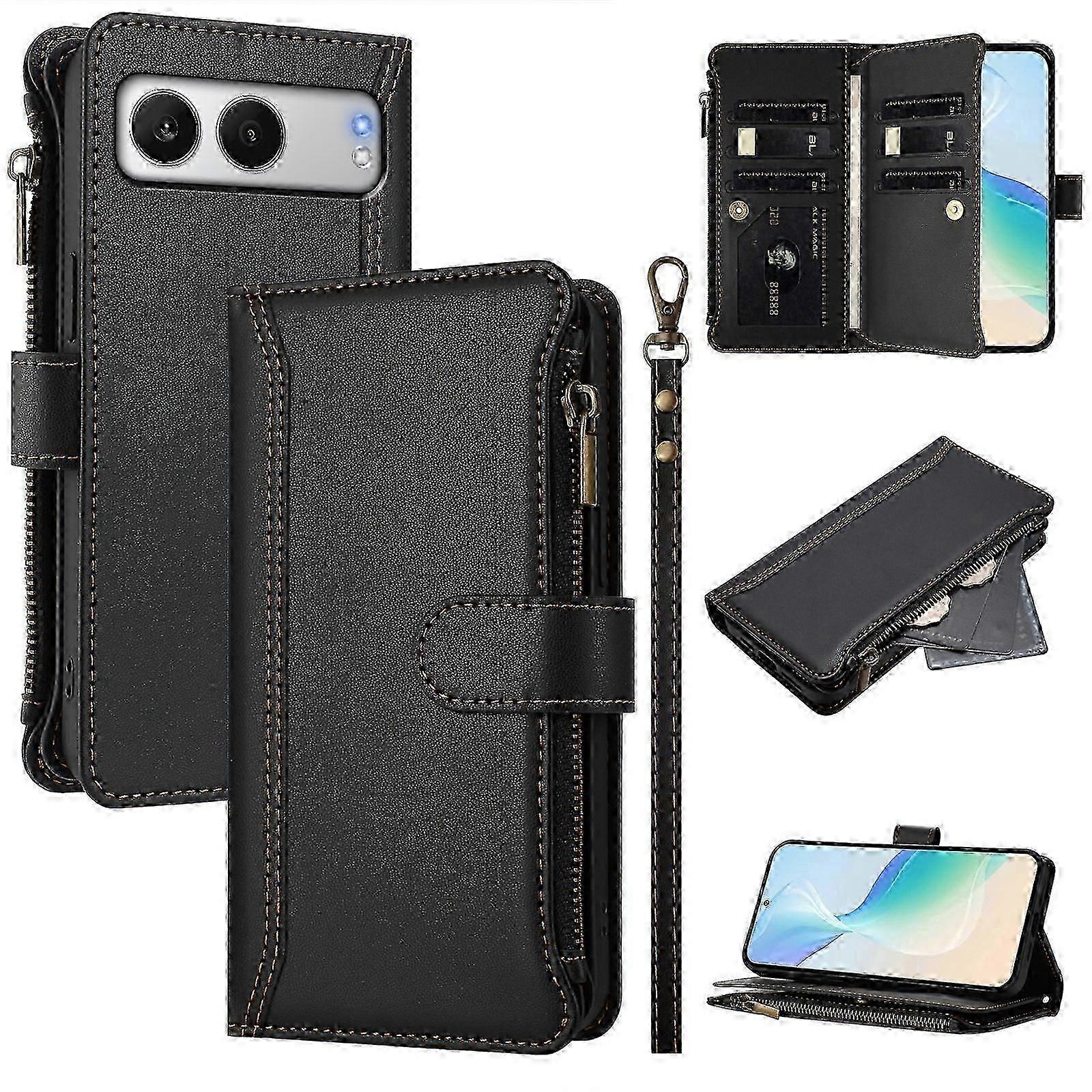 OnePlus Nord 4 Leather Wallet Case with 9 Card Slots, Zipper Closure, Stand & Wrist Strap - Protective Phone Cover for OnePlus Nord 4