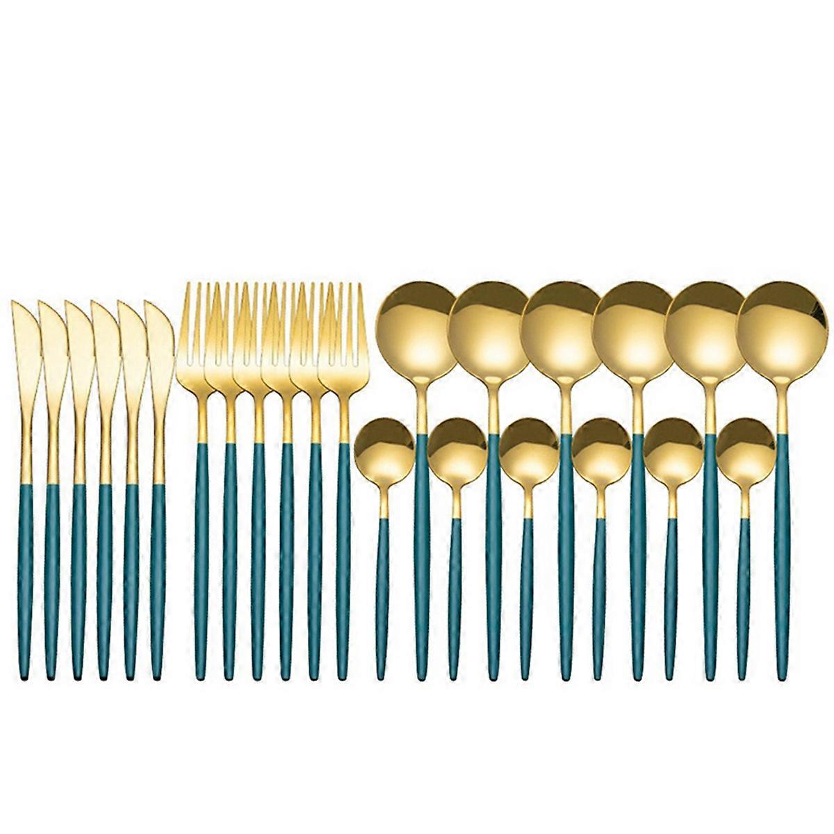 24Pcs Stainless Steel Dinnerware Set Silverware Flatware,Green-Gold