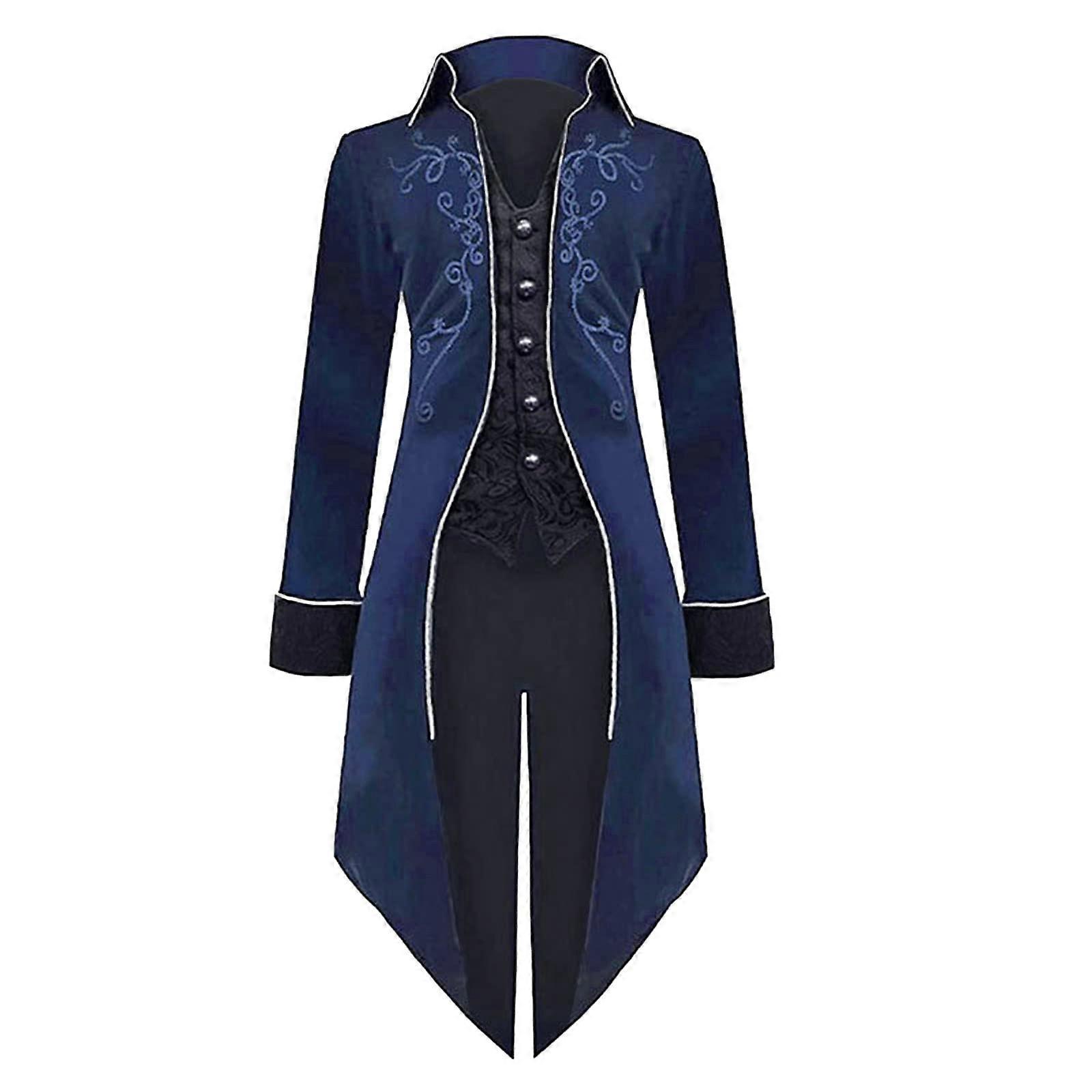 Medieval Men's Vintage Jacket Dark Blue Gothic Frock Coat With Buttons, Vampire Cosplay, Size XXL