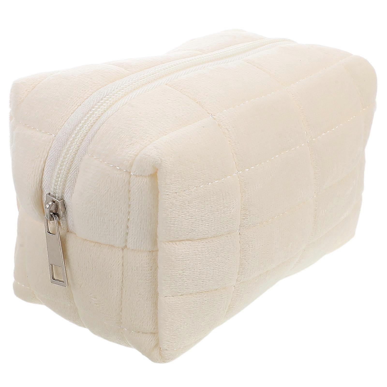 Large Capacity Checkered Makeup Pouch for Storage Beige Cosmetic Organizer