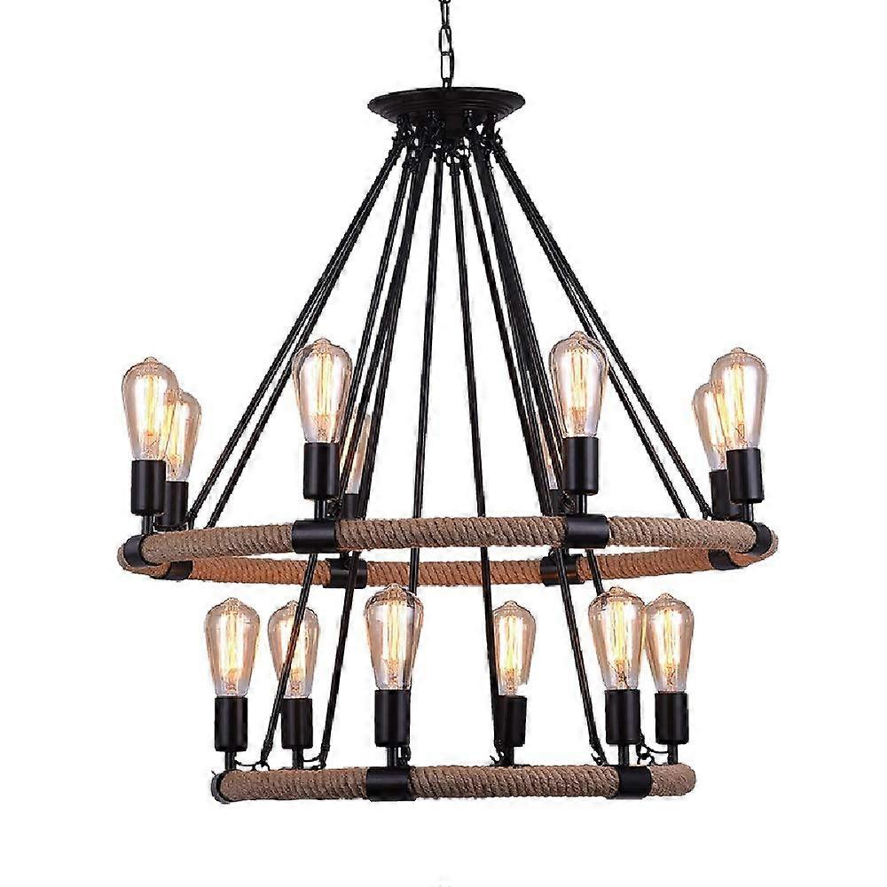 Industrial Chandelier with Double Layer Hemp Rope, 14Light Retro Rustic Loft Pendant Ceiling Lamp
