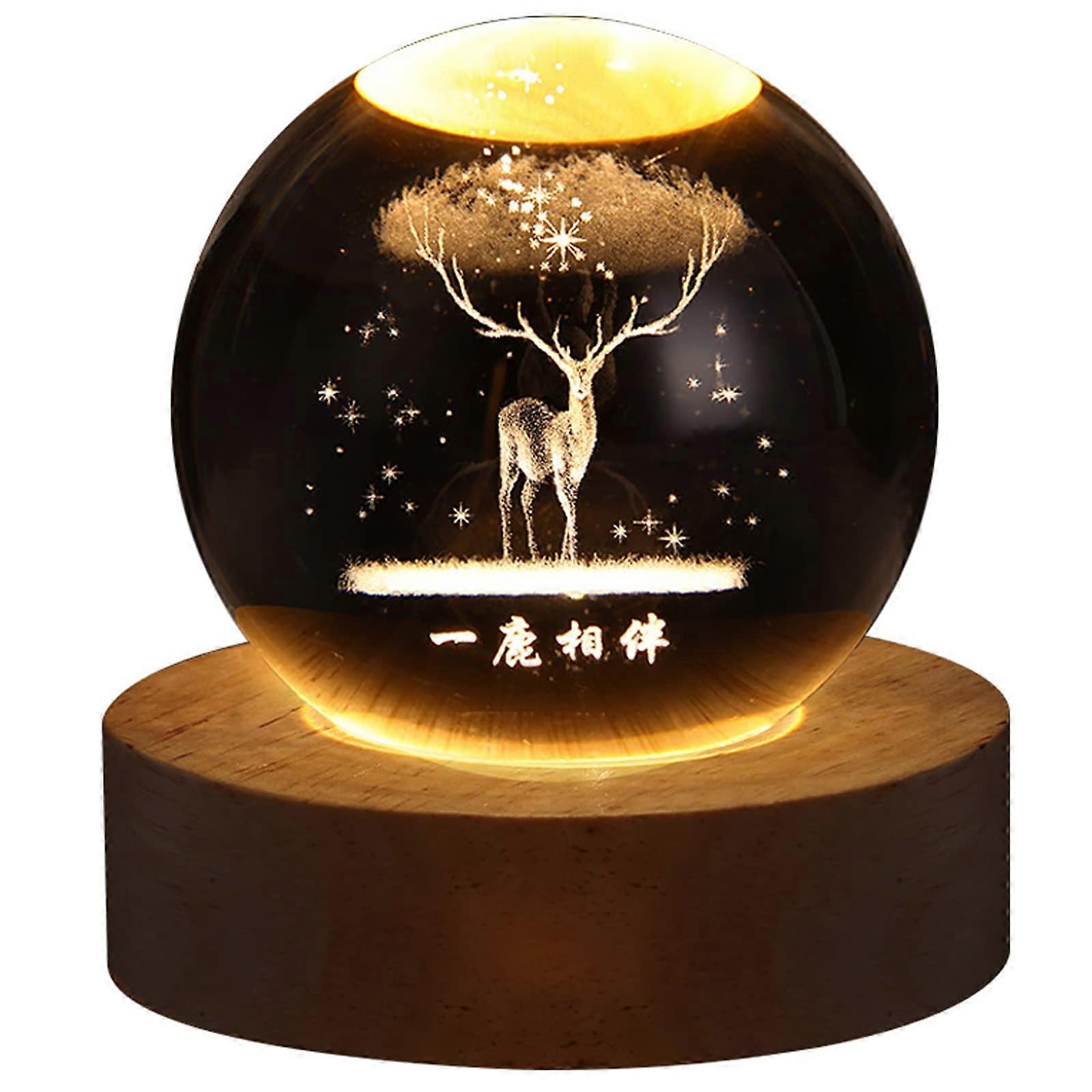 Crystal Ball Night Light with 3D Galaxy and Moon Engraving, USB Rechargeable LED Lamp on Wooden Base