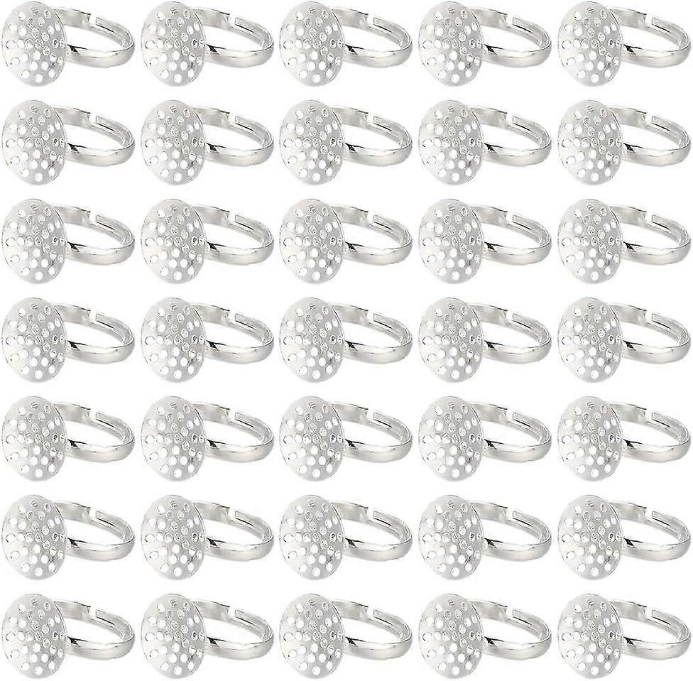 1 Box 50Pcs Brass Ring Blank Adjustable Ring Base Blanks Silver Metal Open Finger Rings Bases Tray Setting Component with 14mm Round Pad for Jewelry M