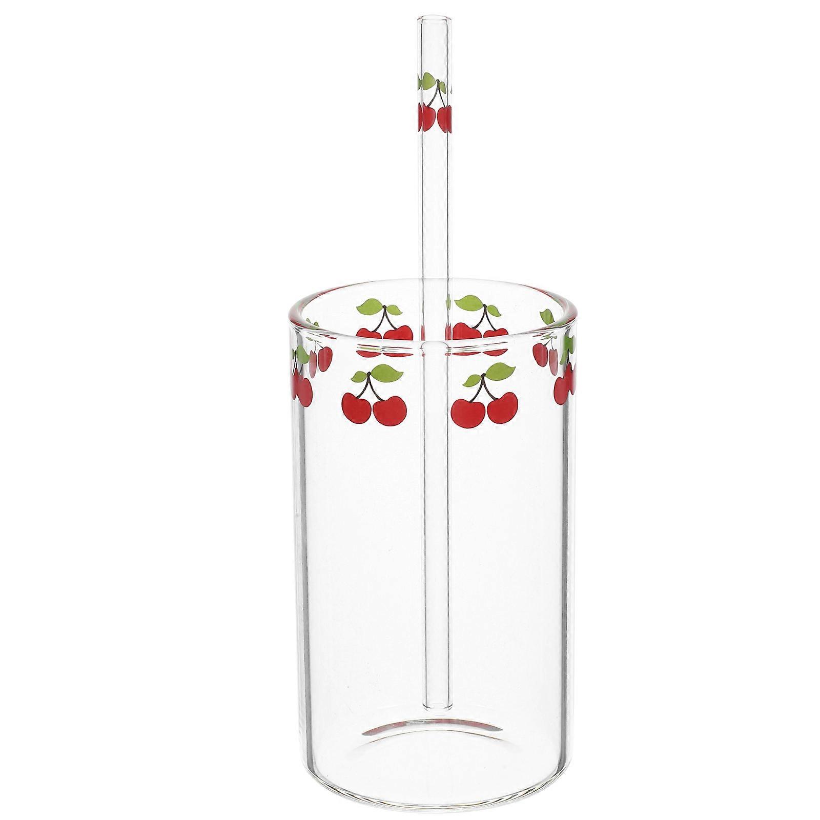 Cherry Glass Cup for Drinking 1Set with Straw Transparent Water Cup