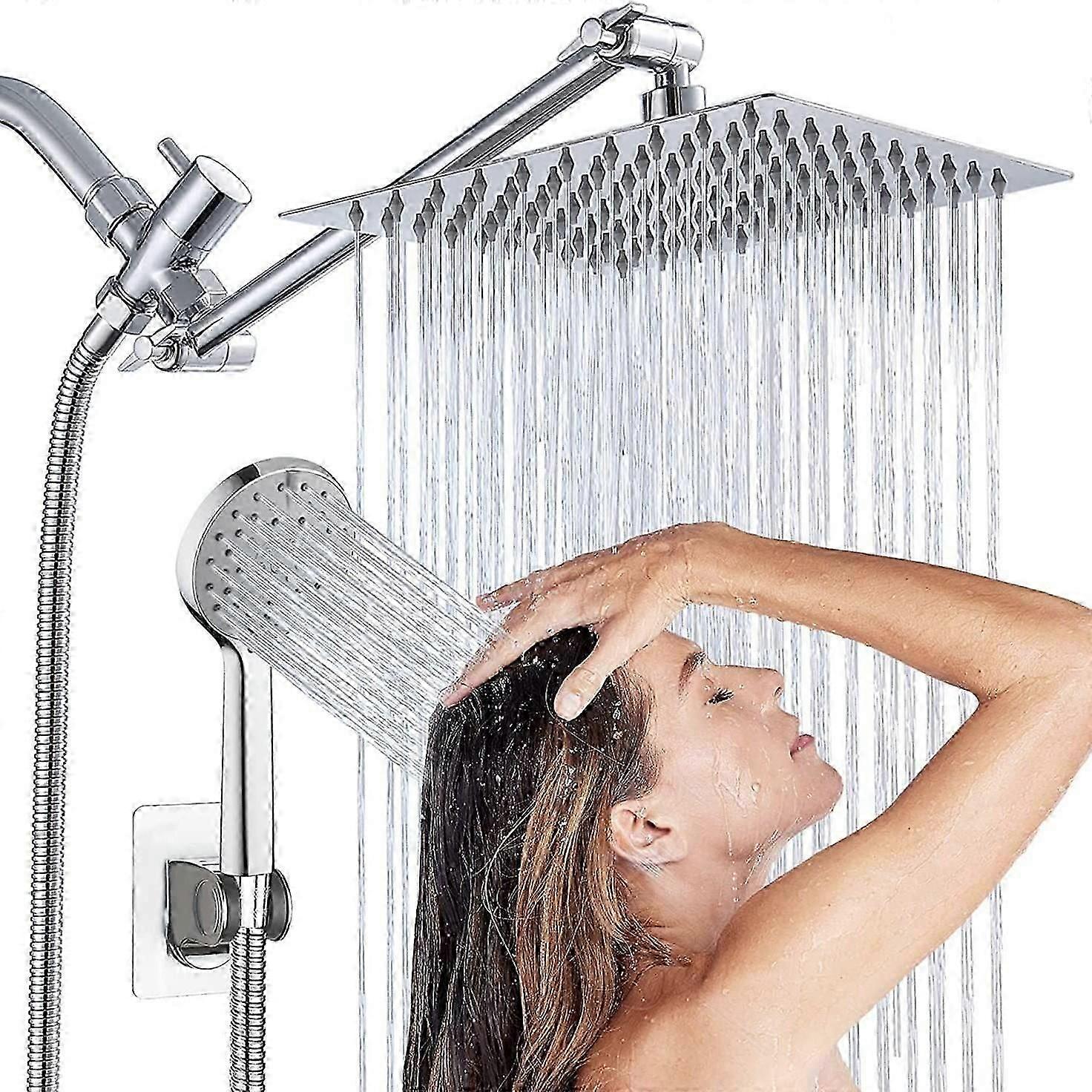 8 Inch Electroplated Rainfall Showerhead with 5 Modes Handheld Spray Wall Mounted Shower System